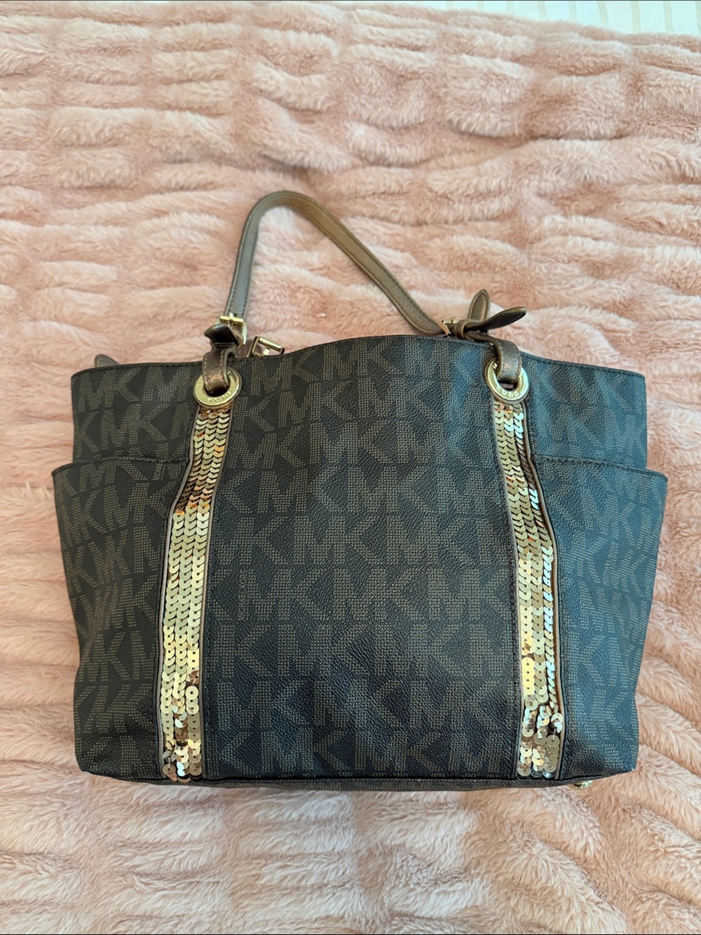 Michael Kors Brown Logo Tote with Gold Sequin Stripes
